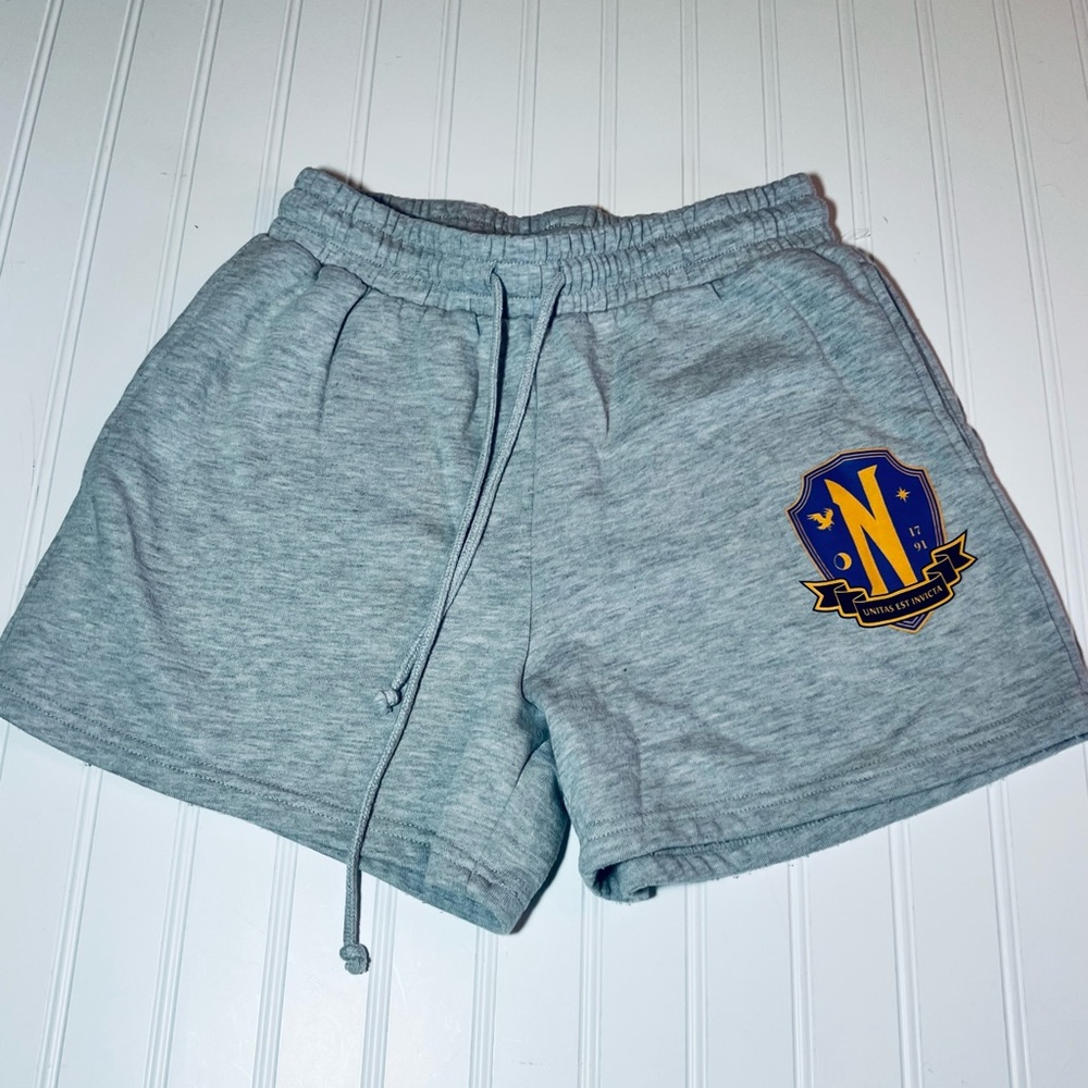 Wednesday Women's S 4-6 Gray Athletic Shorts with Emblem